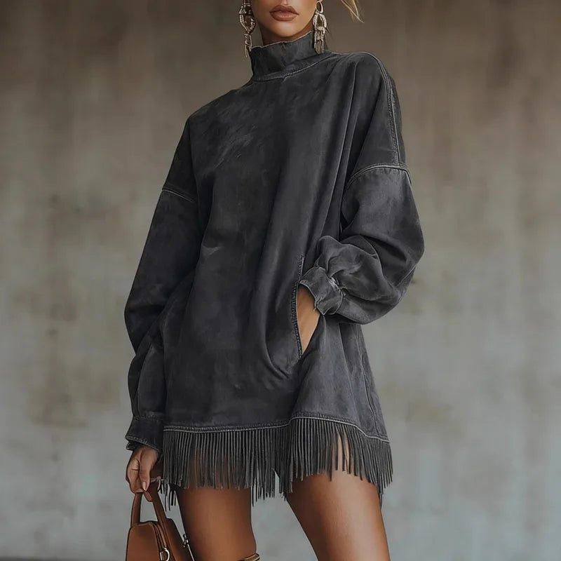 Paloma – robe sweat femme effet daim franges vintage hiver