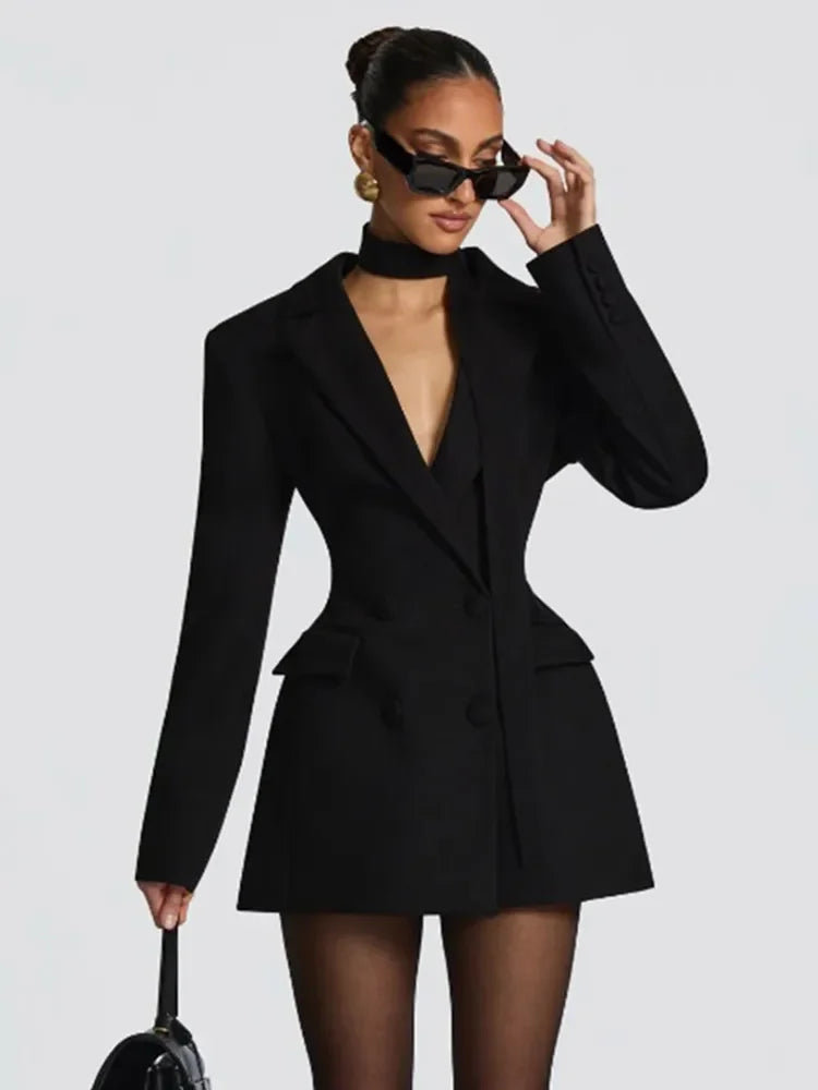 Carla – Robe blazer cintrée femme à col V double boutonnage
