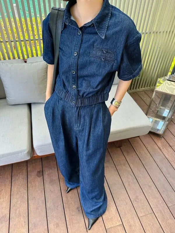 Léa – ensemble denim fluide femme chemise manches courtes et pantalon