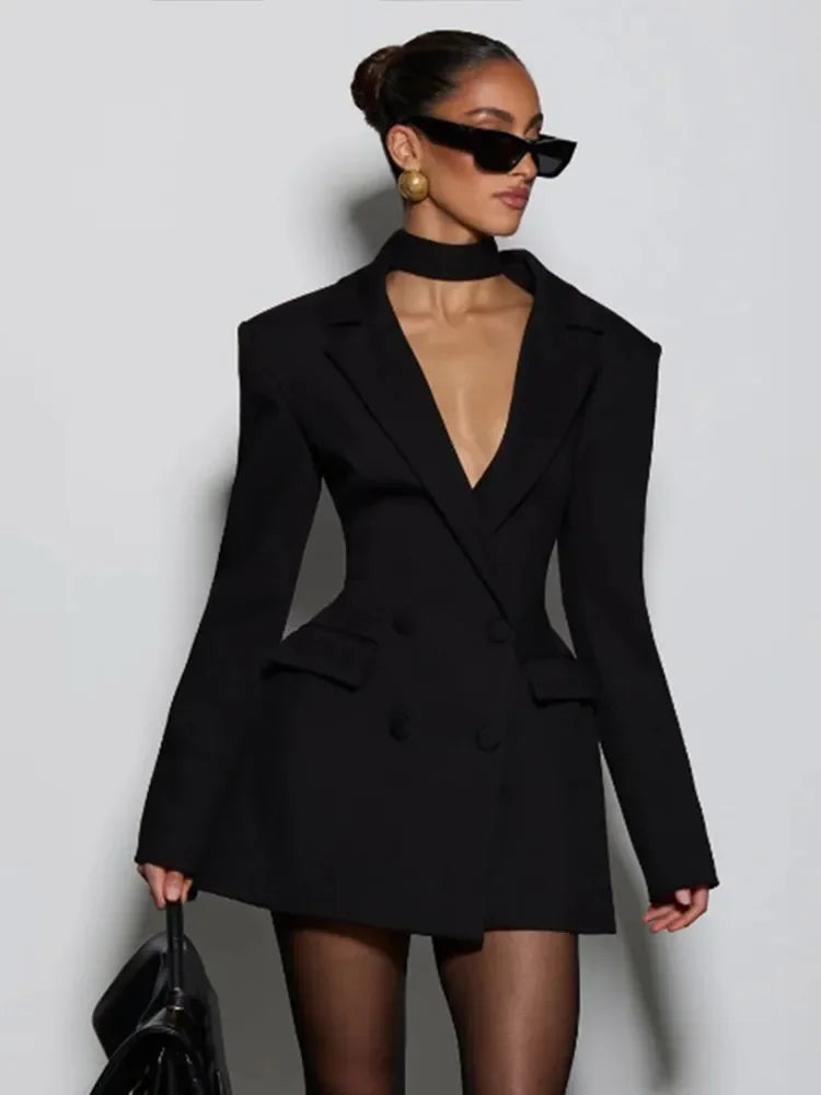 Carla – Robe blazer cintrée femme à col V double boutonnage