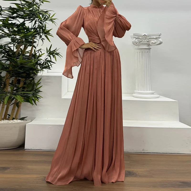 Mandy – robe longue de soirée fluide femme col montant élégante