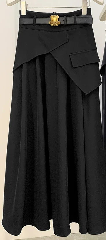 Ilyane – jupe longue taille haute trapèze esprit costume femme