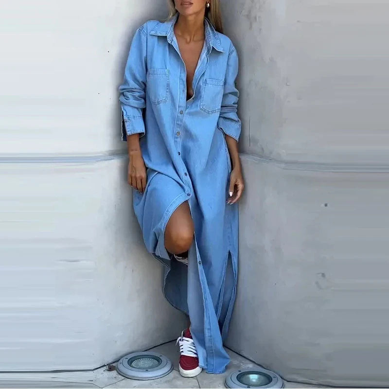 Amanda – Robe chemise maxi femme en JEANS ample manches longues