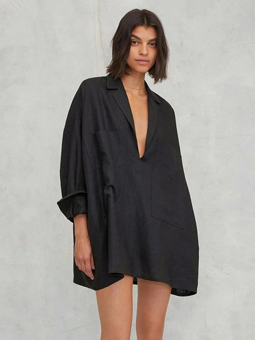 Lioré – chemise robe femme ample en coton col rabattu
