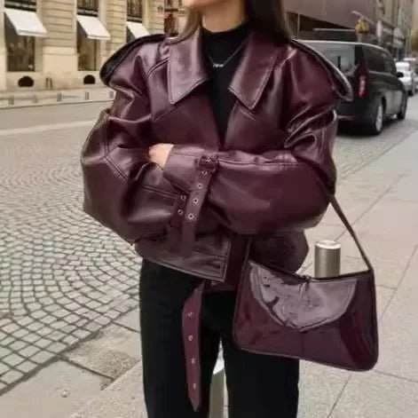 Ravena – veste de motard femme en cuir rouge style rétro