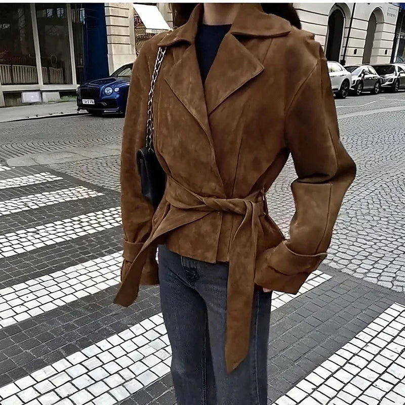 Béline – veste vintage femme ceinturée marron col V