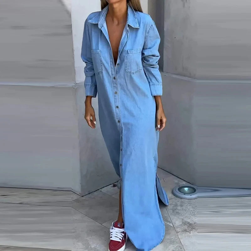 Amanda – Robe chemise maxi femme en JEANS ample manches longues