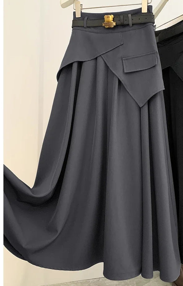 Ilyane – jupe longue taille haute trapèze esprit costume femme