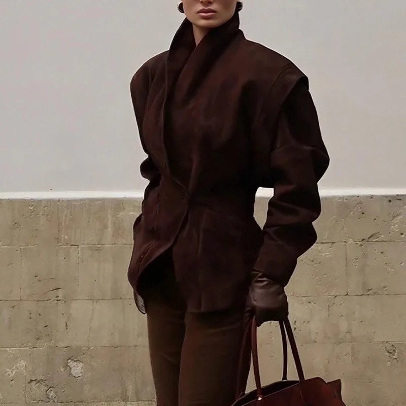 Béline – veste vintage femme ceinturée marron col V