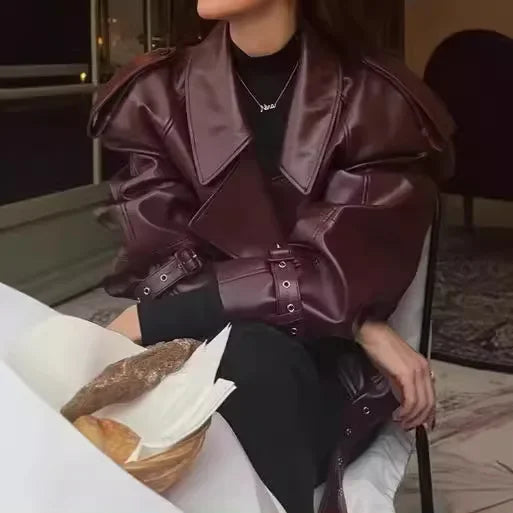 Ravena – veste de motard femme en cuir rouge style rétro