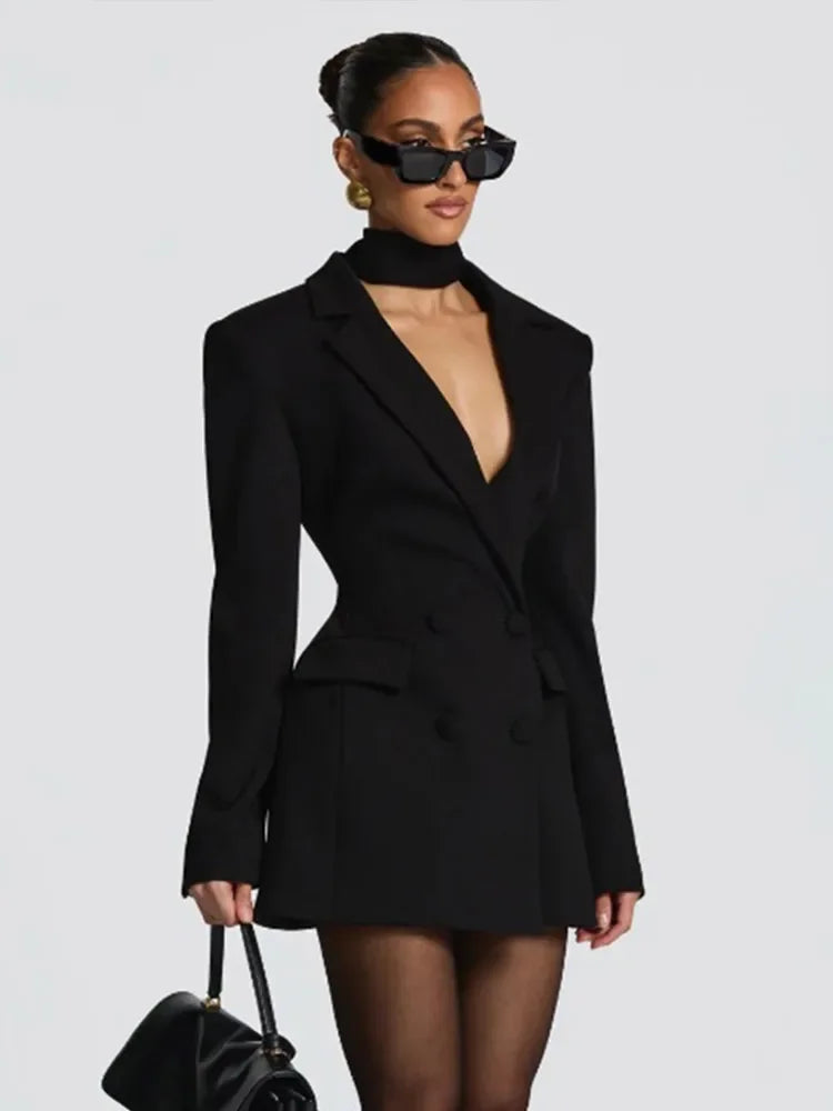Carla – Robe blazer cintrée femme à col V double boutonnage