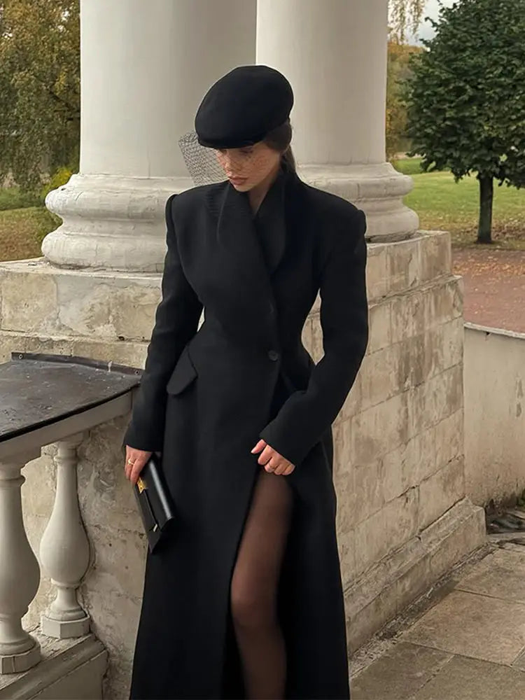 Shirley – manteau long en laine noir femme col montant chic