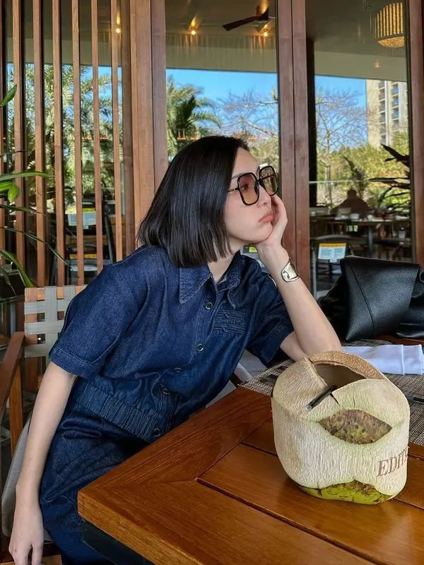 Léa – ensemble denim fluide femme chemise manches courtes et pantalon