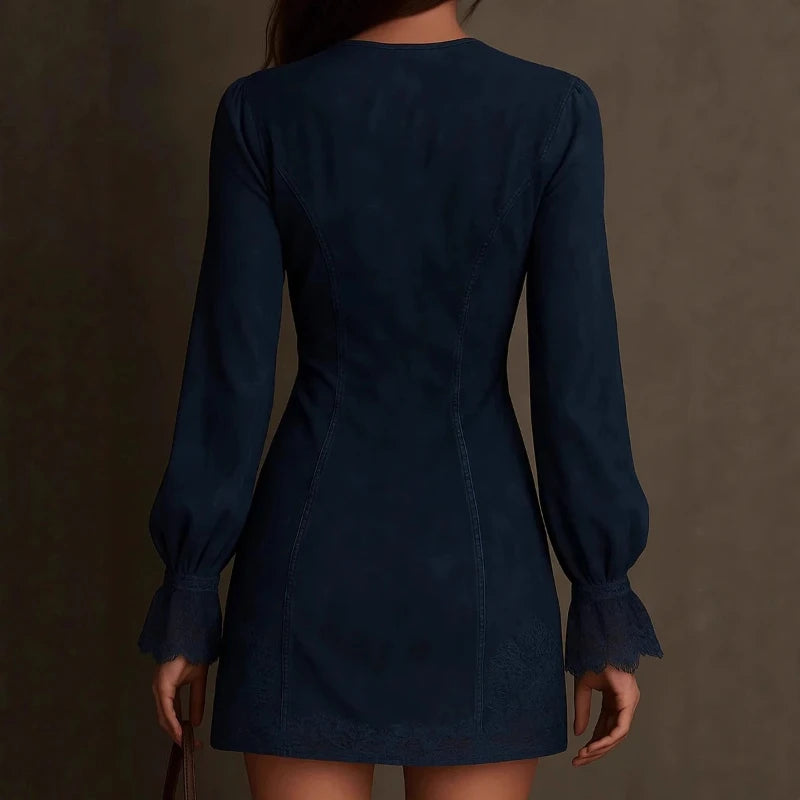 Charlotte – Robe mini femme rétro à col V brodé manches longues
