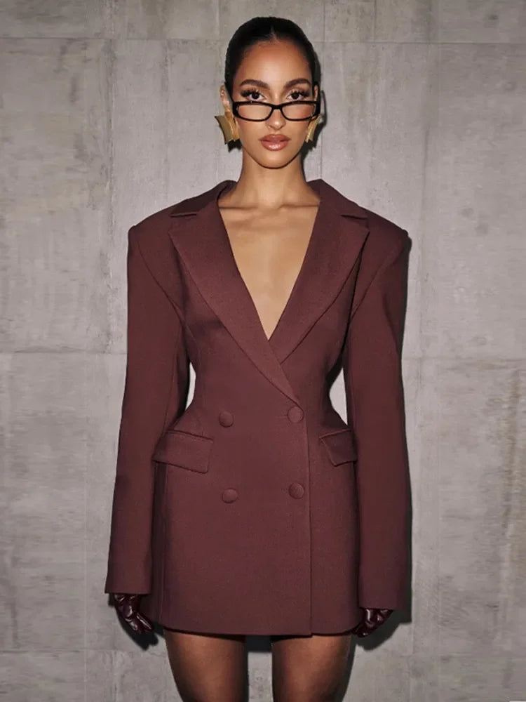 Carla – Robe blazer cintrée femme à col V double boutonnage