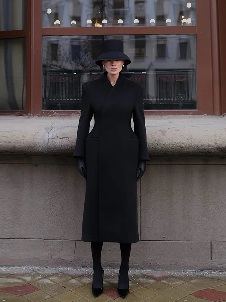 Imany – manteau long noir femme élégant à col incliné