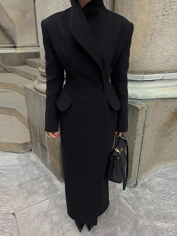 Shirley – manteau long en laine noir femme col montant chic