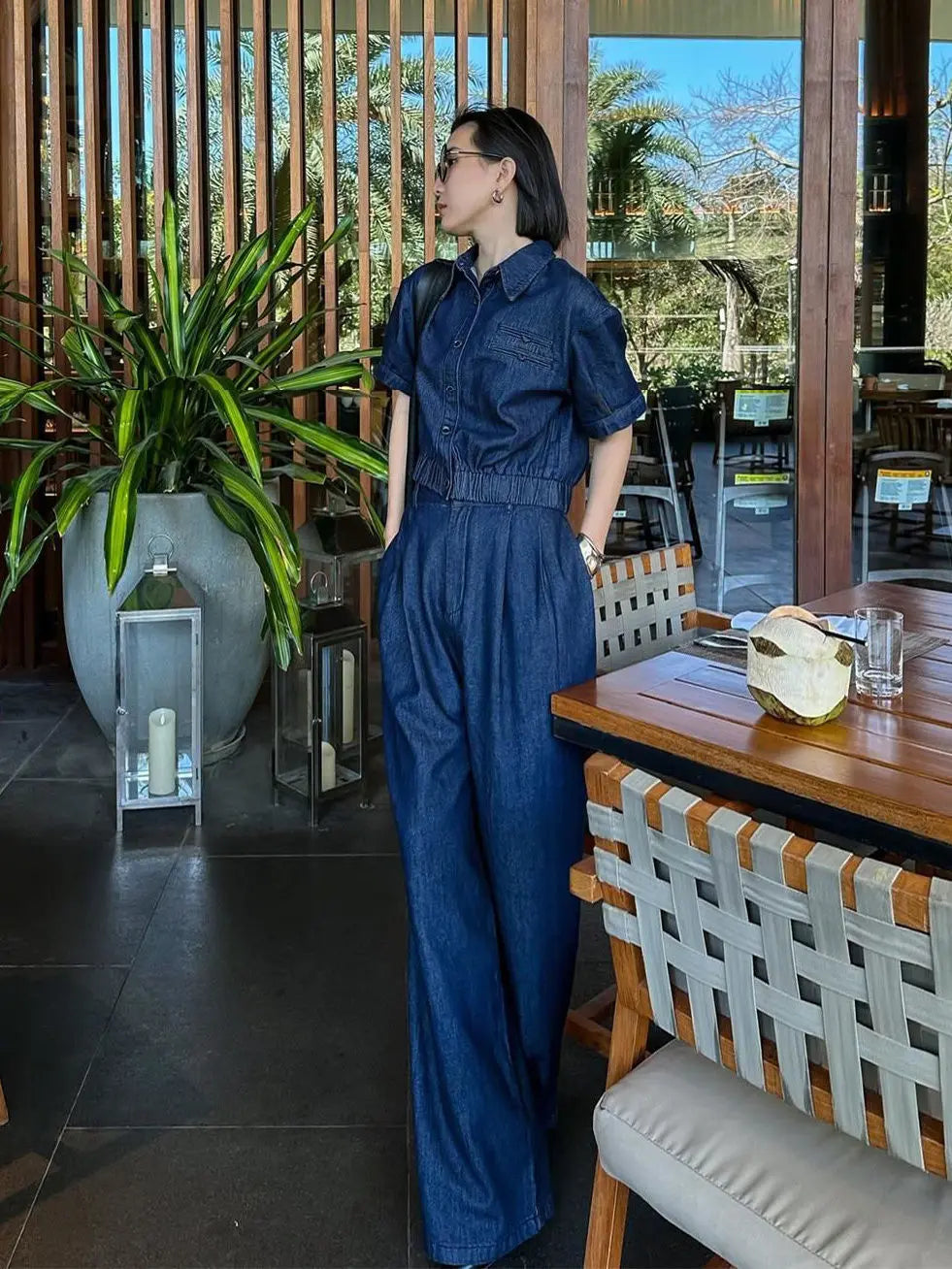 Léa – ensemble denim fluide femme chemise manches courtes et pantalon