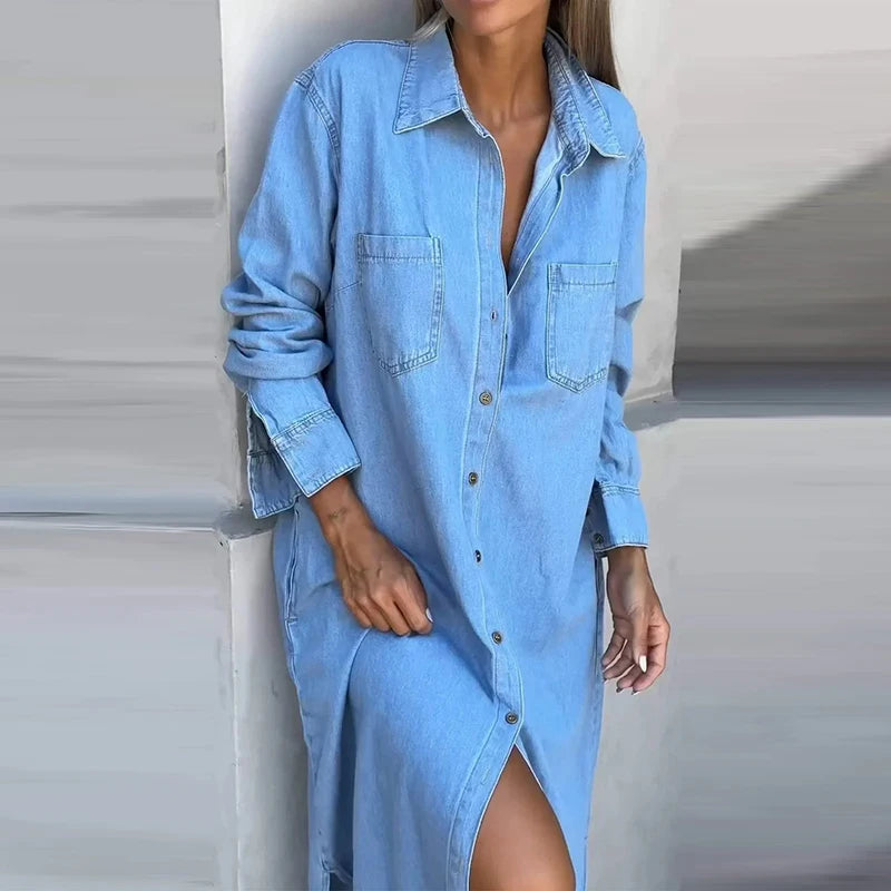 Amanda – Robe chemise maxi femme en JEANS ample manches longues