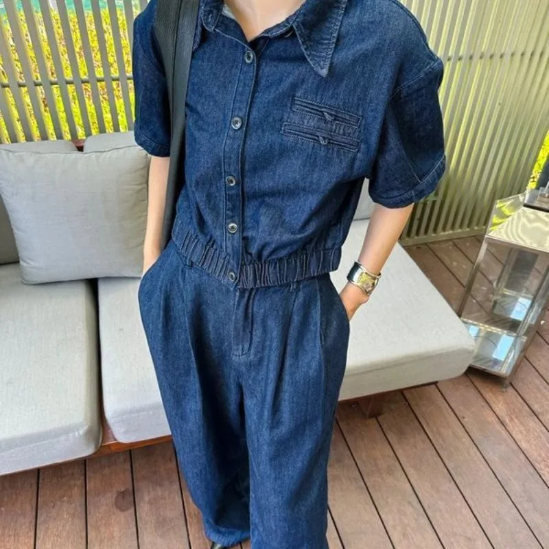 Léa – ensemble denim fluide femme chemise manches courtes et pantalon