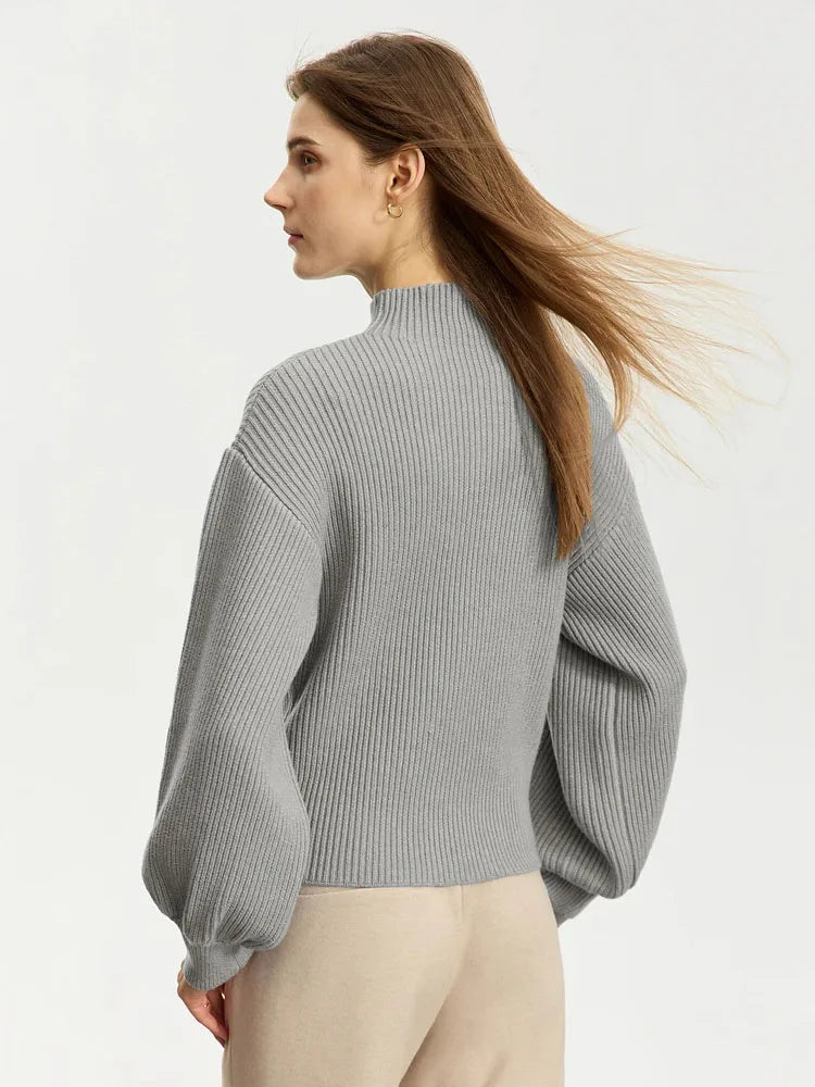 Celeste – pull femme col montant manches lanterne minimaliste