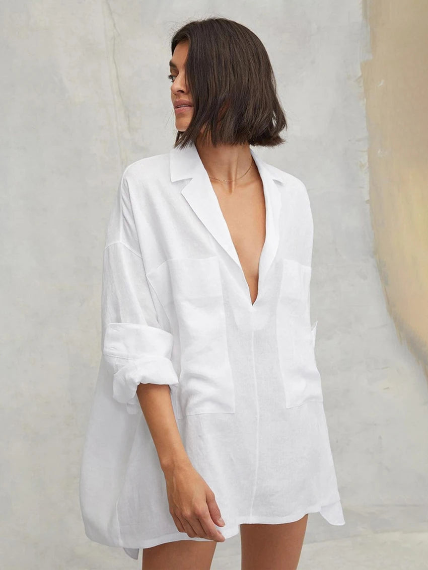 Lioré – chemise robe femme ample en coton col rabattu