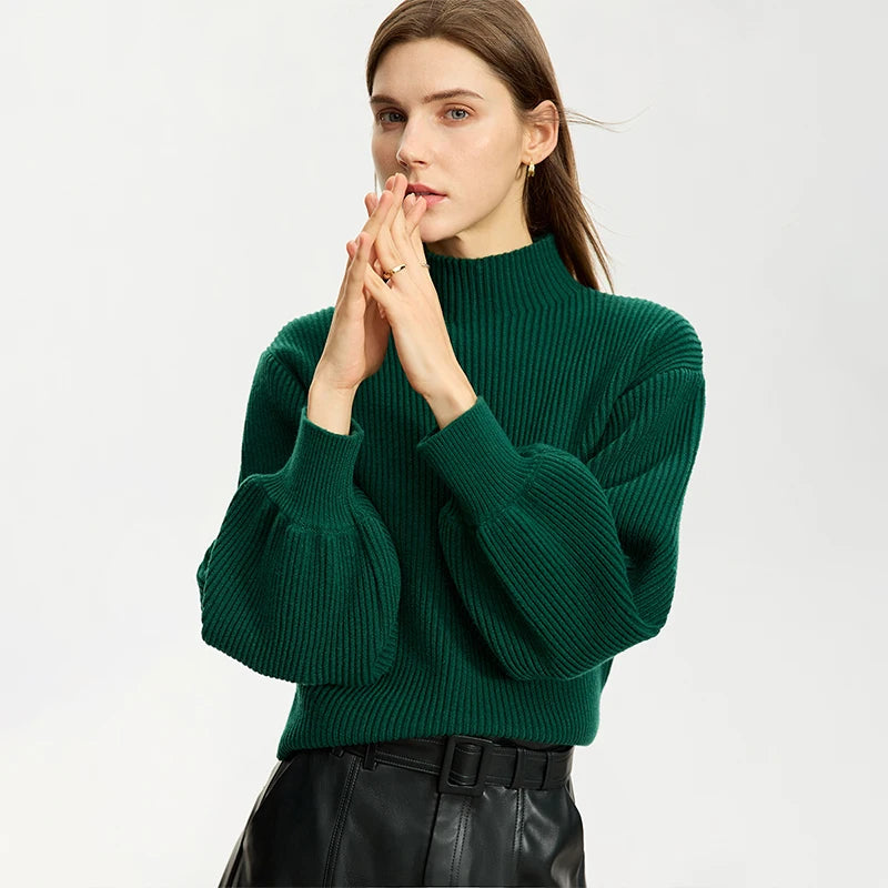 Celeste – pull femme col montant manches lanterne minimaliste