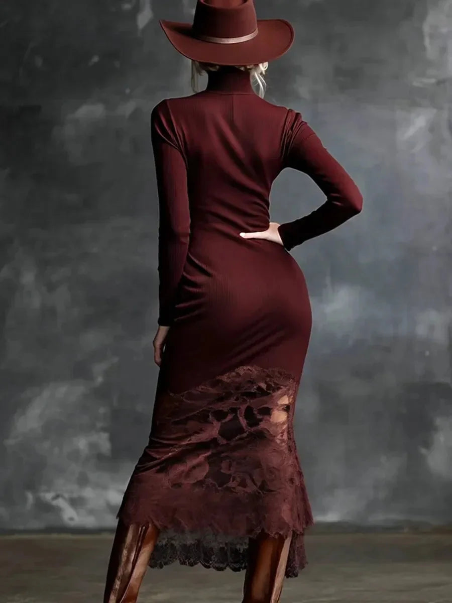 Velora – robe longue femme col haut dentelle élégante