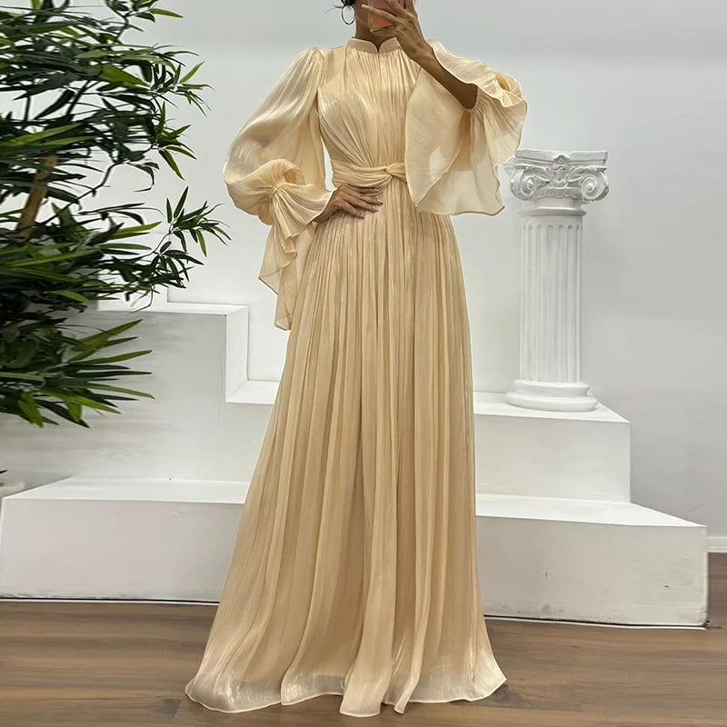 Mandy – robe longue de soirée fluide femme col montant élégante