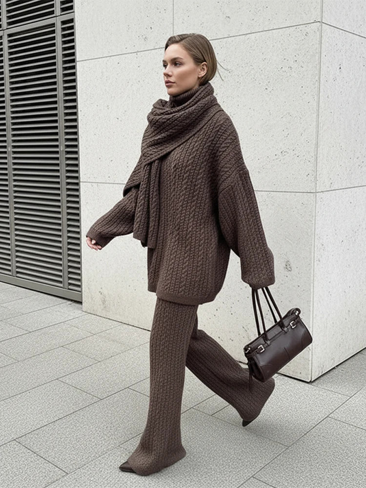 Evanya – ensemble tricot femme col haut pantalon droit élégant