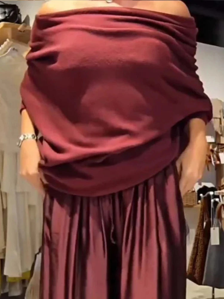 Sahra – ensemble satin femme pull drapé et pantalon large