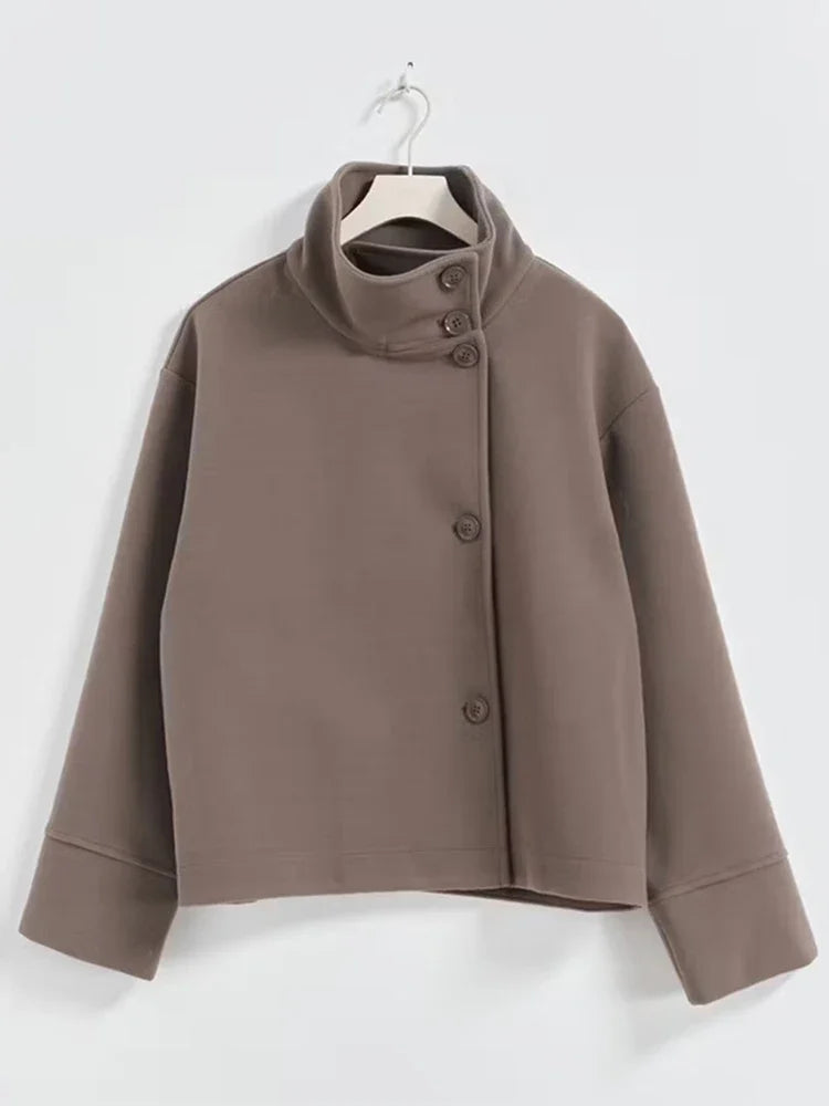 Aline – manteau court en laine femme à col montant asymétrique