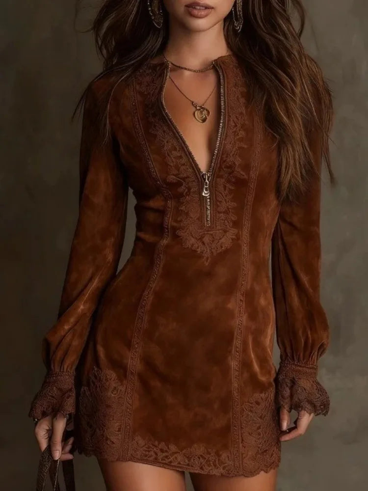 Charlotte – Robe mini femme rétro à col V brodé manches longues