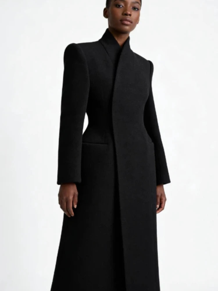 Imany – manteau long noir femme élégant à col incliné