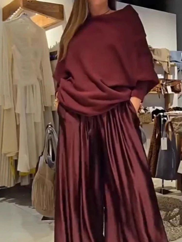 Sahra – ensemble satin femme pull drapé et pantalon large