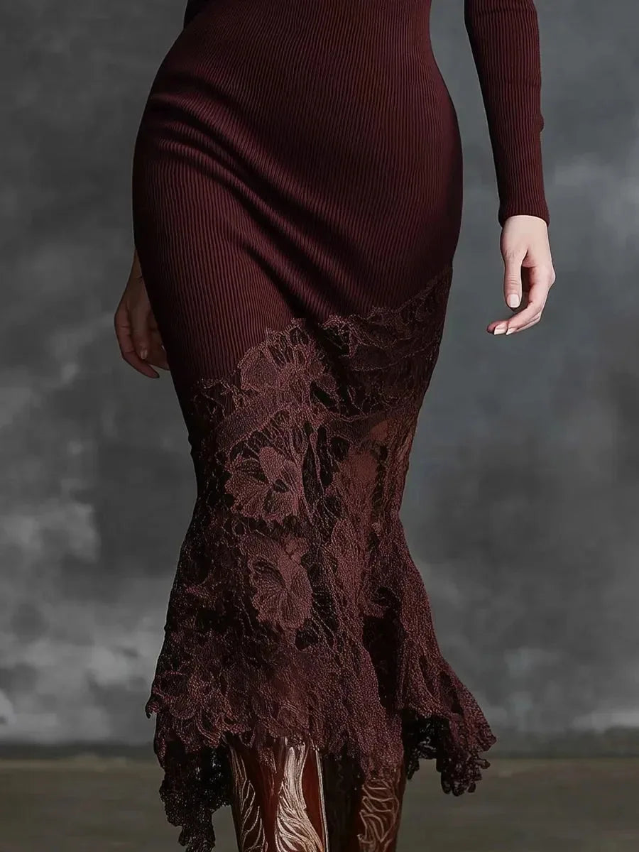 Velora – robe longue femme col haut dentelle élégante