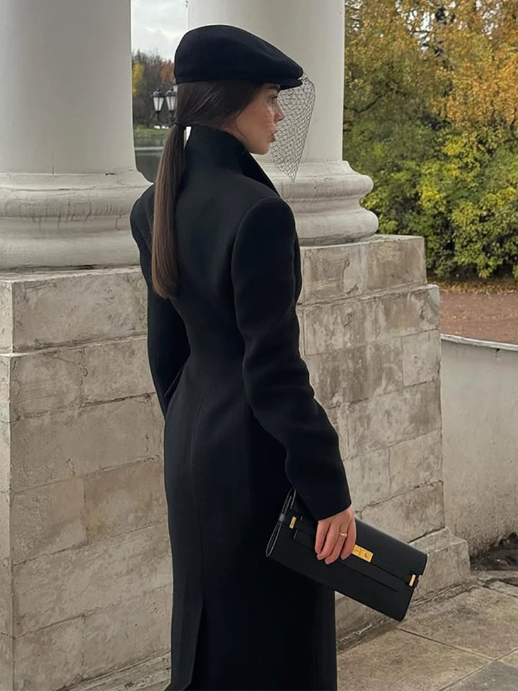 Shirley – manteau long en laine noir femme col montant chic