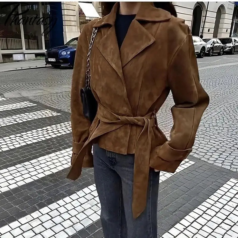 Béline – veste vintage femme ceinturée marron col V