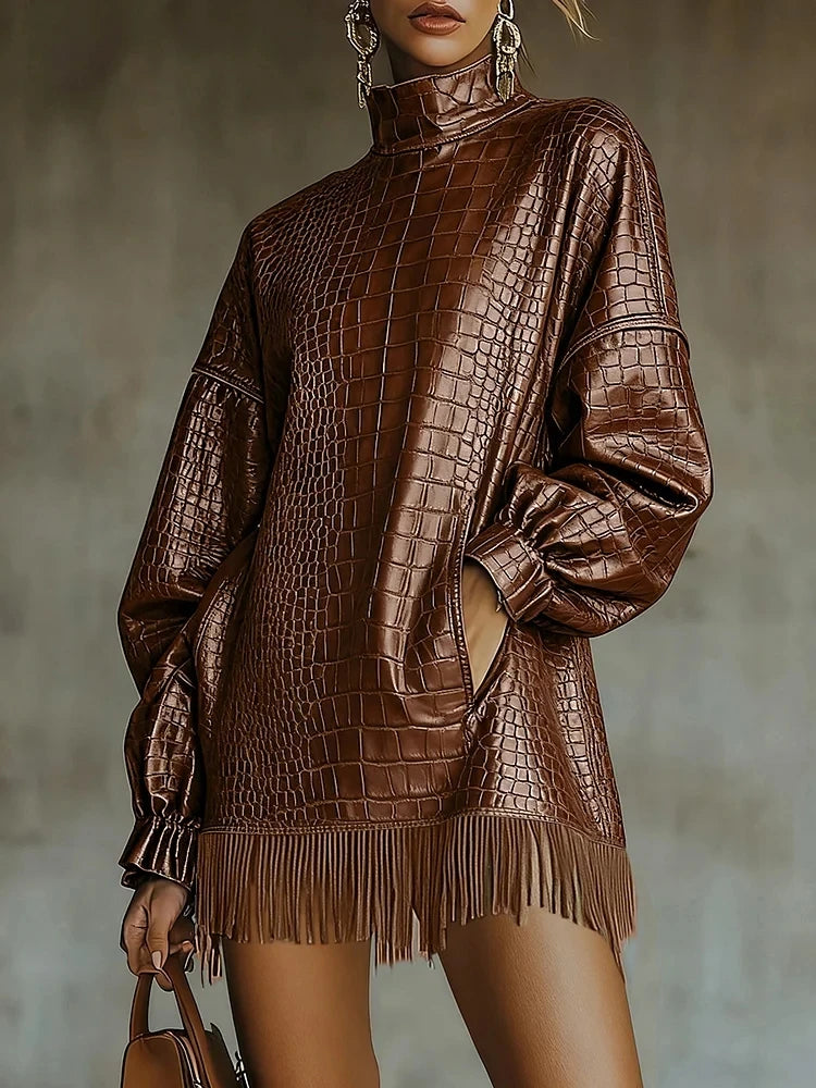 Célia – mini robe femme en simili cuir crocodile col roulé