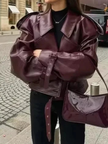 Ravena – veste de motard femme en cuir rouge style rétro