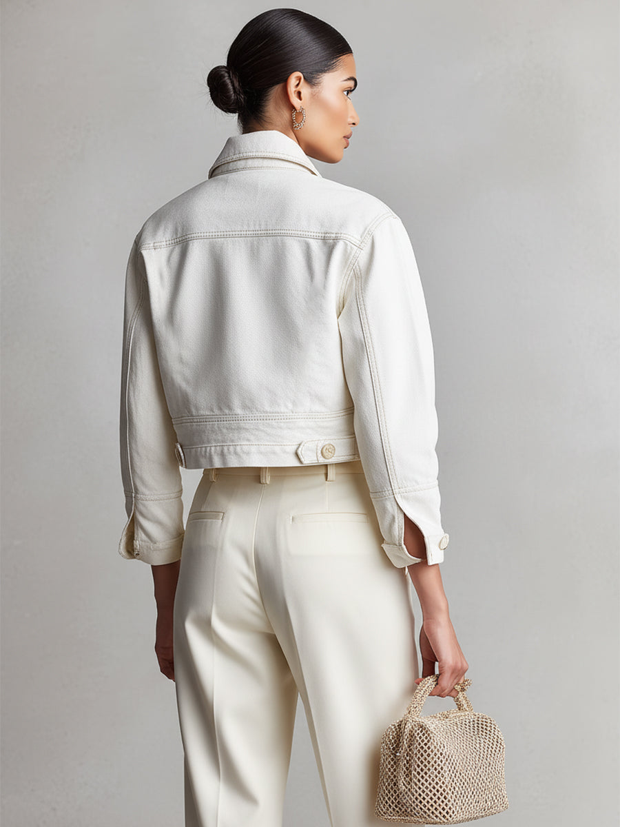Ida – veste courte denim ivoire femme coupe classique