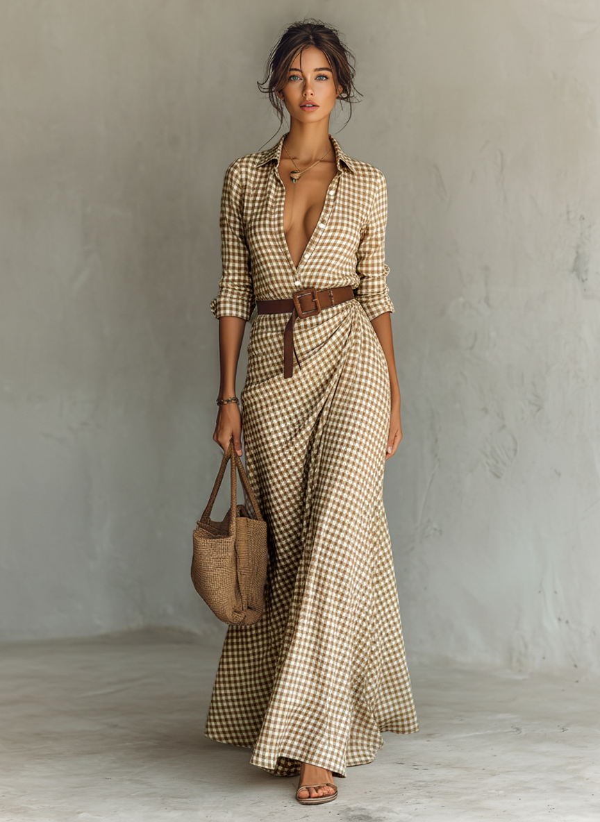 Maëlya – robe maxi a carreaux col chemise ceinture coupe elegante