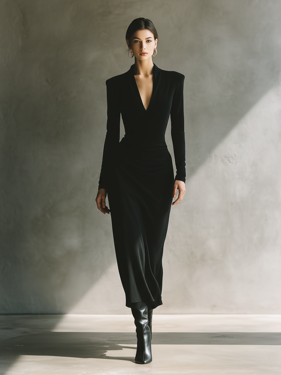 Nélya – robe noire maille stretch, décolleté V, cintrée à la taille, coupe midi élégante