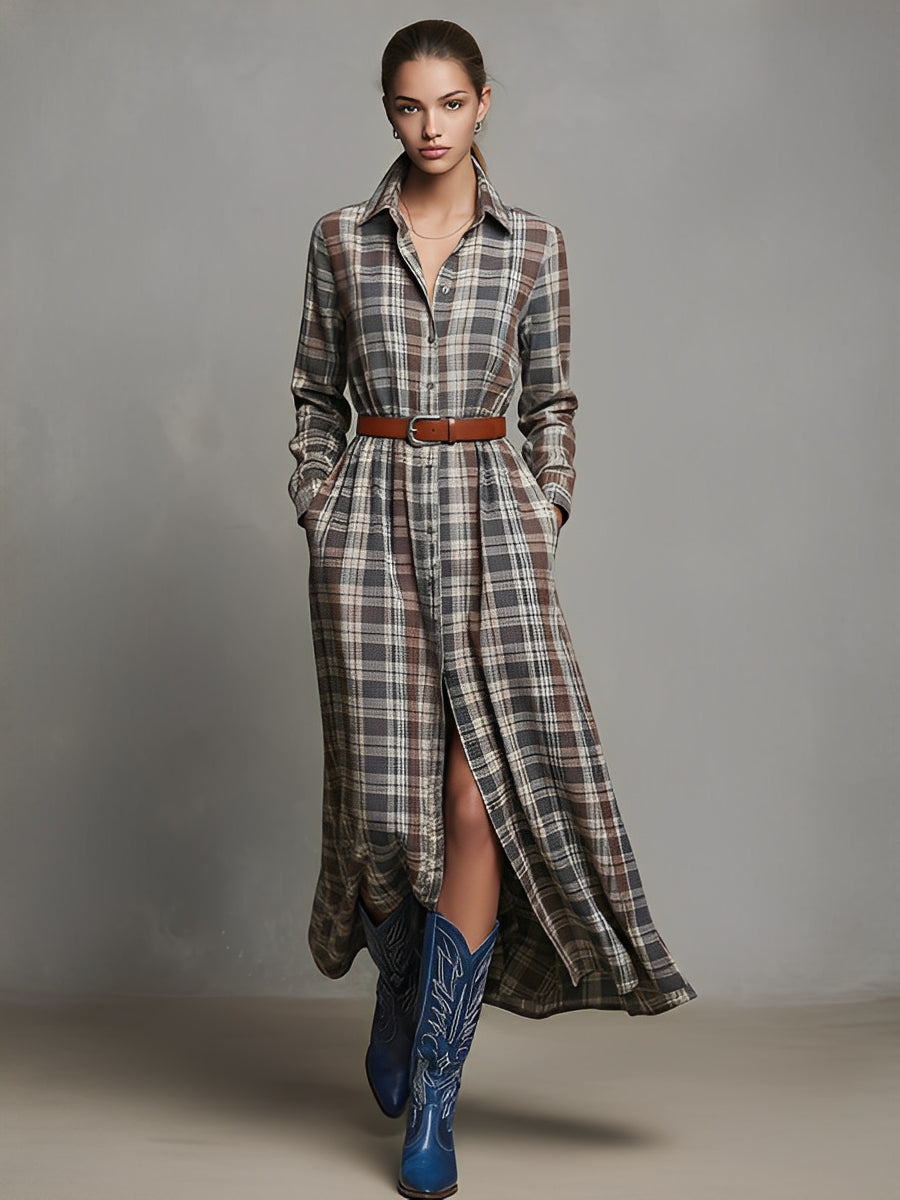 Miley – robe chemise midi carreaux bruns, coupe décontractée et ceinture vintage