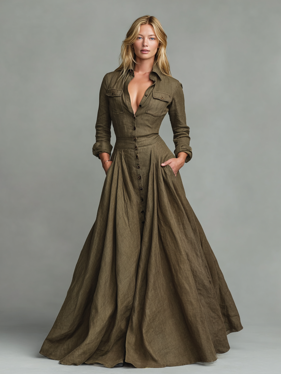 Raniya – robe chemise maxi coton lin style vintage coupe fluide femme