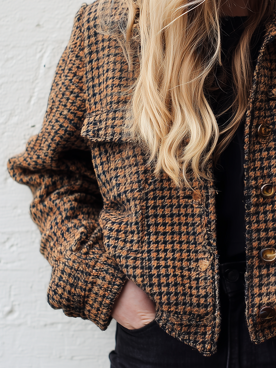 Hestia – veste courte pied-de-poule marron noir laine silhouette structuree