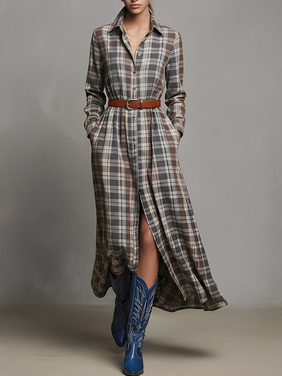 Miley – robe chemise midi carreaux bruns, coupe décontractée et ceinture vintage