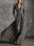Havena – robe maxi tartan lin melange jupe evasee elegante