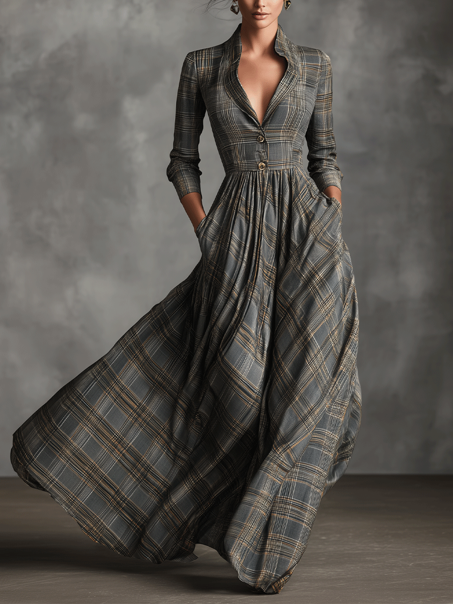 Havena – robe maxi tartan lin melange jupe evasee elegante