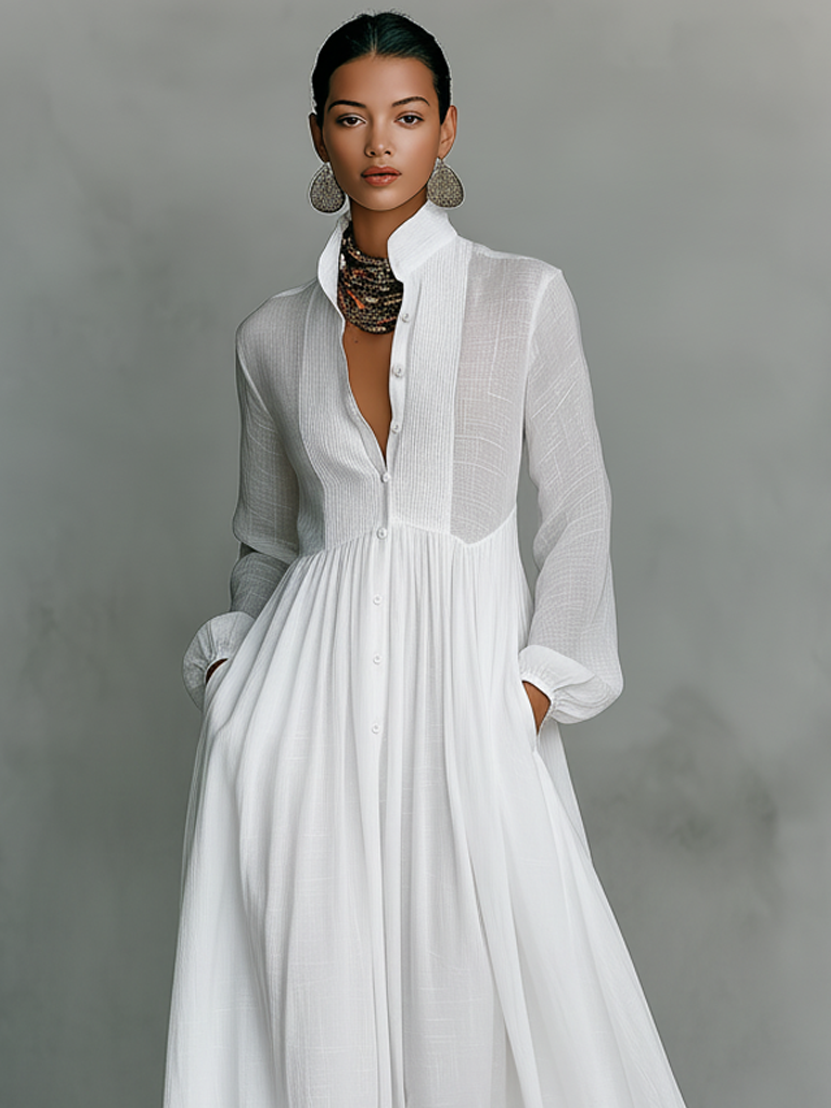 Halvia – robe maxi coton lin patchwork col montant boutonnage minimaliste